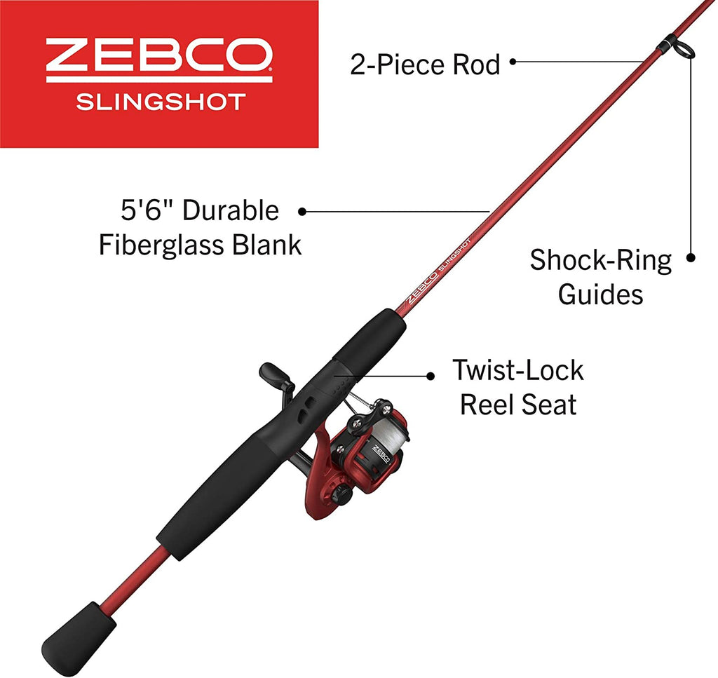  Zebco Slingshot Spincast Reel And Fishing Rod Combo, 5-Foot  6-Inch 2-Piece Fishing Pole, Size 30 Reel, Right-Hand Retrieve, Pre-Spooled